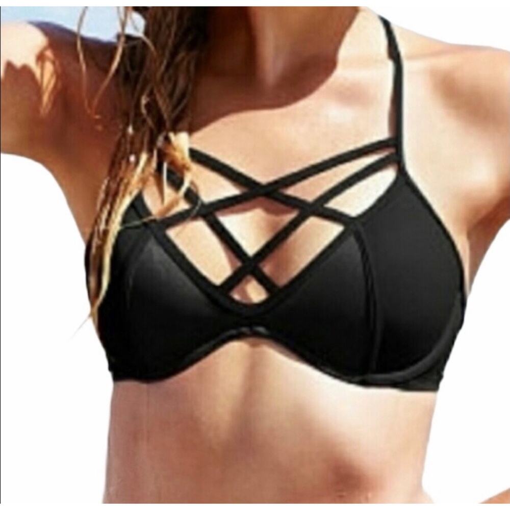Pink Victoria's Secret Bikini Top Caged T Back Padded Underwire Black Large DD